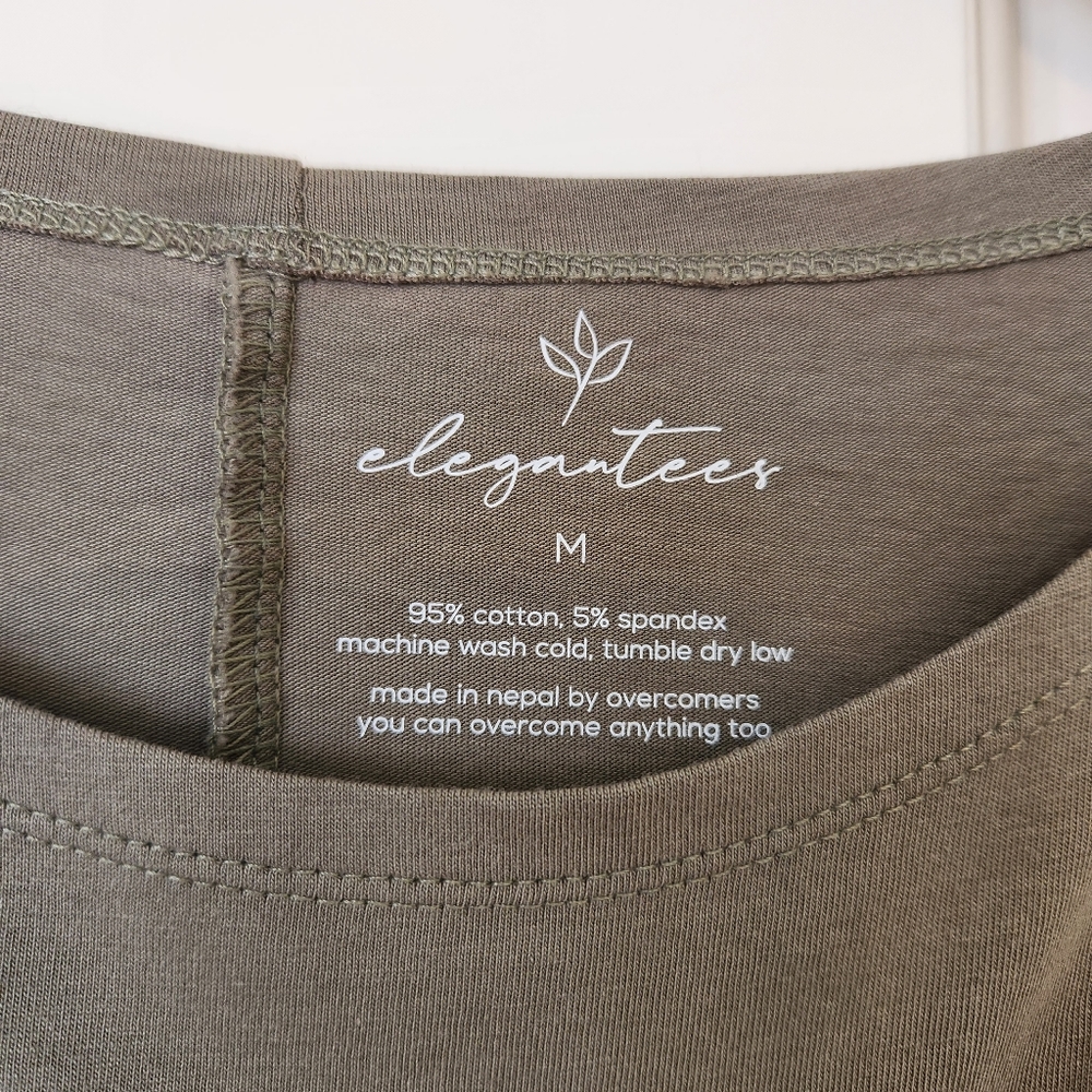 Elegant Tees Top Olive Green Ruched Sleeves Short Sleeve Scoop Neck Large - Picture 8 of 12